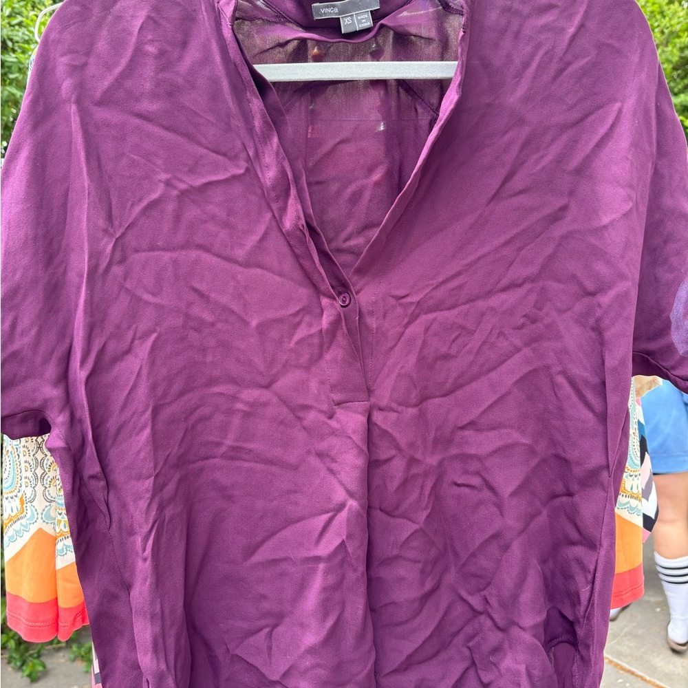 Vince Purple Short Sleeve Mandarin Collar Blouse
